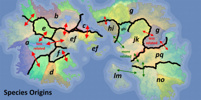  The main human species groups on Gatalia, separated by collections of originating regions. Map credit: Azgaar's fantasy map generator.